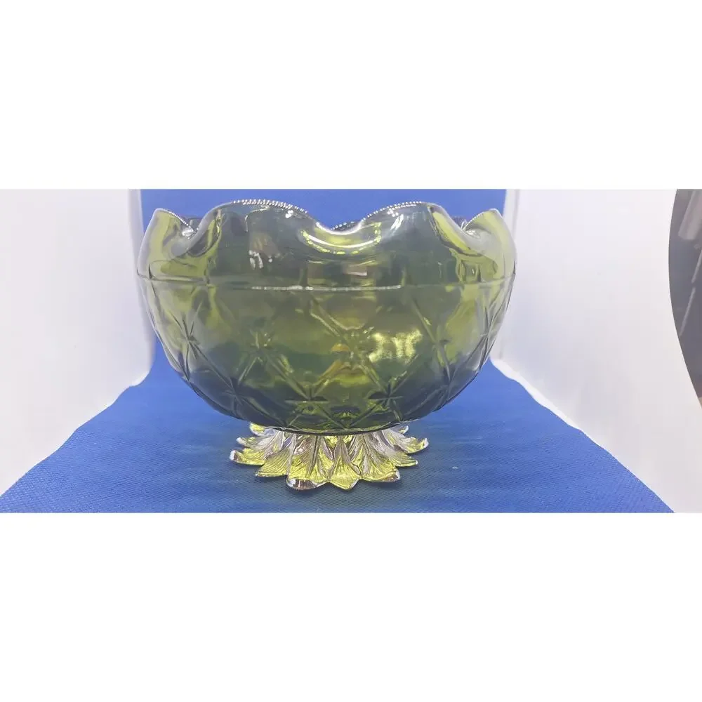Indiana Glass Avocado Green Candy Dish Duette Quilted Diamond Vintage Glass